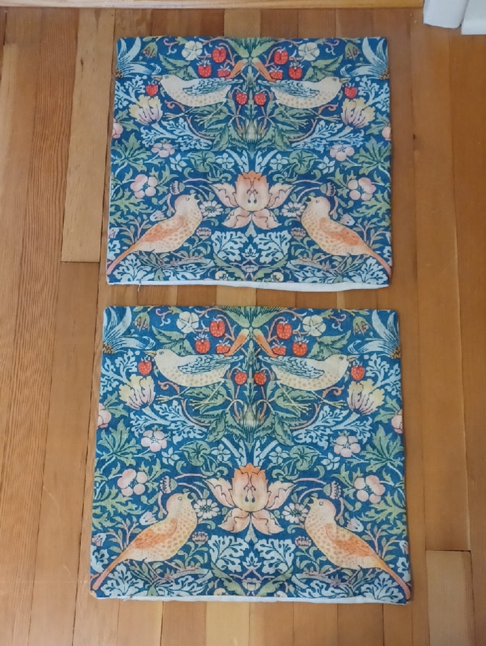 Set of Botanical Print Pillow Covers With Birds In Navy, Green, Yellow & Peach